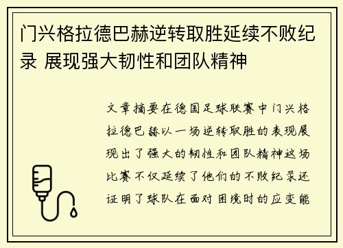 门兴格拉德巴赫逆转取胜延续不败纪录 展现强大韧性和团队精神