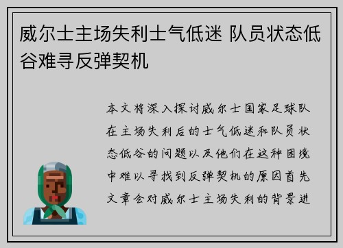 威尔士主场失利士气低迷 队员状态低谷难寻反弹契机