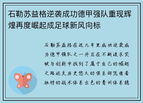 石勒苏益格逆袭成功德甲强队重现辉煌再度崛起成足球新风向标