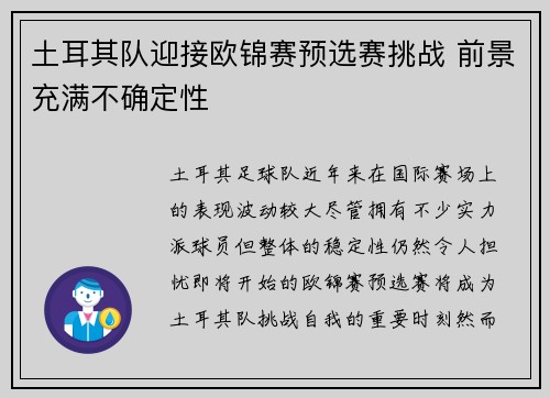 土耳其队迎接欧锦赛预选赛挑战 前景充满不确定性