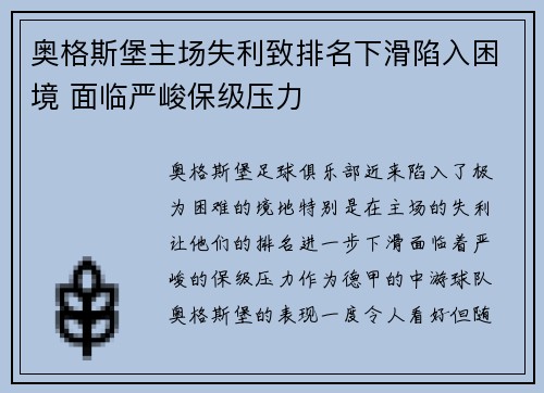 奥格斯堡主场失利致排名下滑陷入困境 面临严峻保级压力