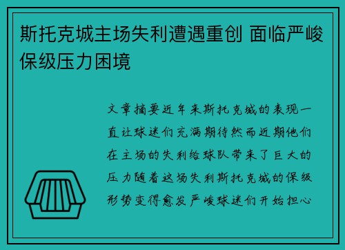 斯托克城主场失利遭遇重创 面临严峻保级压力困境