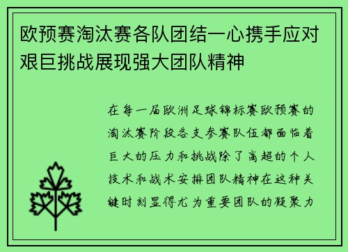 欧预赛淘汰赛各队团结一心携手应对艰巨挑战展现强大团队精神