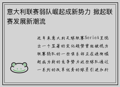 意大利联赛弱队崛起成新势力 掀起联赛发展新潮流